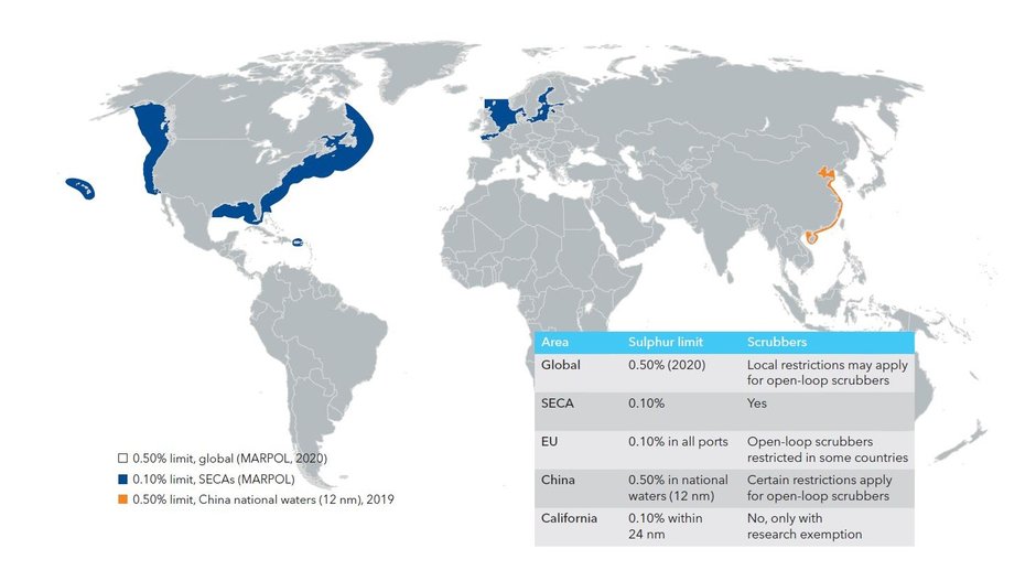 Abb. 3: Übersicht der regional gültigen Schwefelgehaltgrenzwerte für die Schifffahrt. Bildquelle Sulfur Map 2019: https://www.dnvgl.com/maritime/global-sulphur-cap/index.html